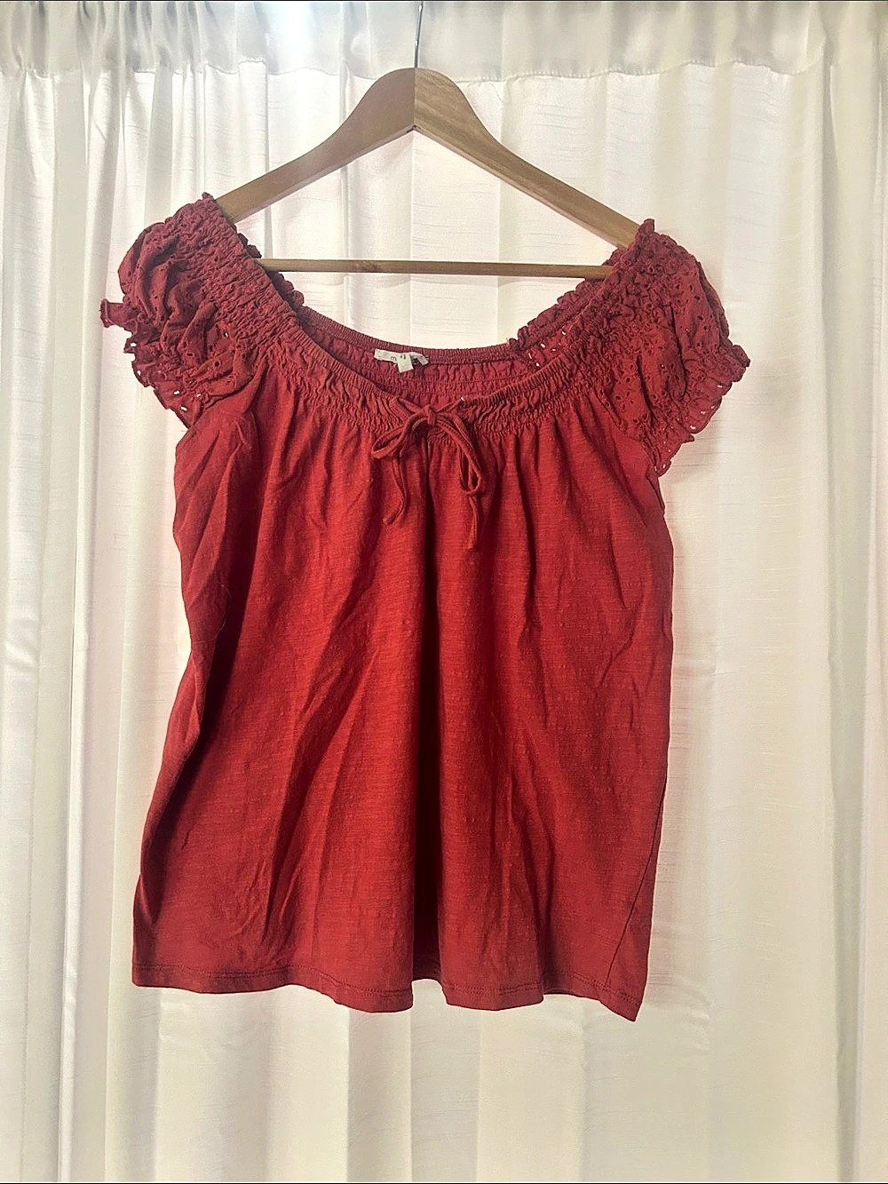 Maurices Eyelet Smocked Scoop Neck Tie Front Top Red